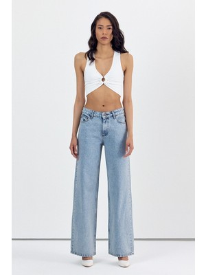 Whatsup Yüksek Bel Simli Bol Paça Pantolon  - Denim Denim - 30