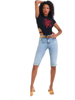 Whatsup Kemerli Denim Kapri  - Denim Denim - 26