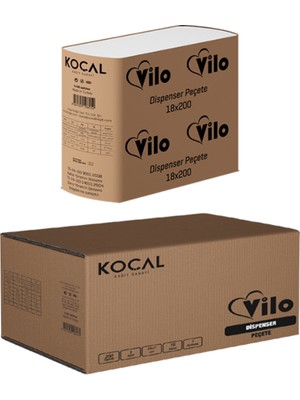 Vilo Dispenser Peçete 18X200 – 1 Katlı, 17X21 Cm, Beyaz, 18 Paket (Toplam 3600 Yaprak)