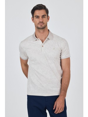 Açık Bej Kısa Kol Baskılı Pike Polo Yaka Cepsiz Esnek Casual Slim Fit Tişört 1011250152