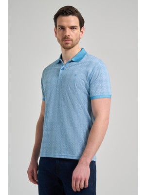 Koyu Turkuaz Kısa Kol Baskılı Pike Polo Yaka Cepsiz Esnek Casual Slim Fit Tişört 1011250150