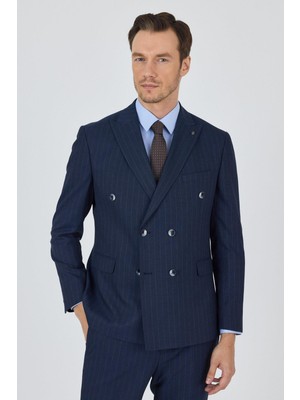 Lacivert Kılıç Yaka Çizgili Desen Kruvaze Classic Esnek Slim Fit Takım Elbise 1001250173