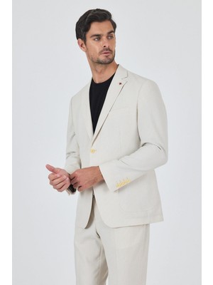 Açık Bej Gofreli Mono Yaka Esnek 6 Drop Slim Fit Classic Takım Elbise 1001250117