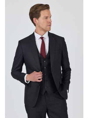 Düz Filafil Mono Yaka Tam Astar Yelekli 6 Drop Slim Fit Takım Elbise 1001250171