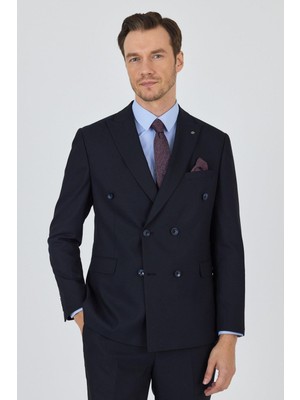 Koyu Lacivert Kılıç Yaka Düz Kruvaze Classic Esnek Slim Fit Takım Elbise 1001250172