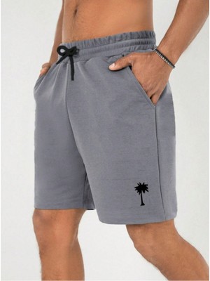 Erkek Duman Grisi Palmiye Baskılı Düz Basic Beli Lastikli ve Ipli Yazlık Penye Şort
