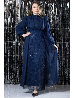 Işleme Detaylı Şifon Abiye Elbise Lacivert FHM954