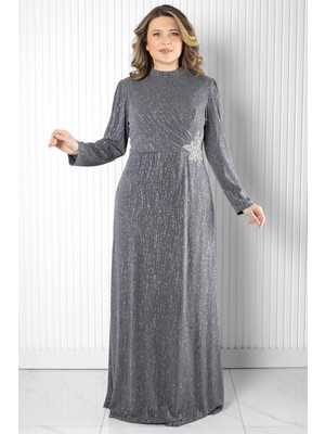 Taş Baskı Detaylı Abiye Gri MDA2522