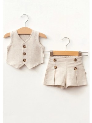 Babymod Kız Bebek Takım Keten Yelek ve Şort 2 Parça Düz Desenli Günlük Kullanım için