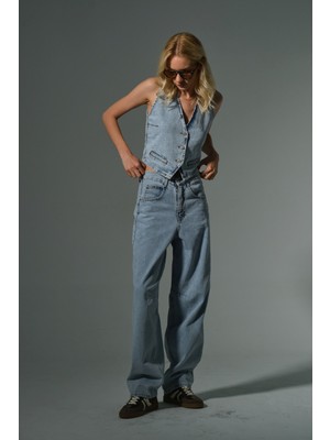 Toka Detaylı Bol Kesim Geniş Paça Rahat Baggy Jean Kot Salaş Kadın Pantolon @milano