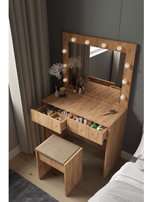 DF02103AC Hollywood Işıklı Aynalı Çekmeceli Tabureli Makyaj Masası