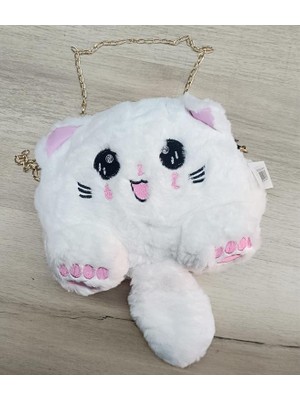 Çanta Peluş Sevimli Kedi Zincir Saplı El Omuz Çantası Beyaz
