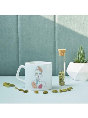 Line Art Düşünen Kız Tasarımlı Porselen Kupa Bardak 7,5  cm  Yüksekliğine ve 8  cm  Çapına