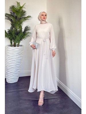 Summer Balon Kol Şifon Elbise Krem