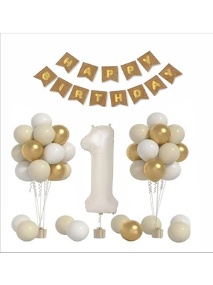 1 Yaş Kraft Tema Gold ,beyaz, Kum Balon+ Baner Seti