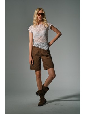 %100 Pamuk Yüksek Bel Gabardin None Denim 5 Cep Kadın Bermuda Şort @udine