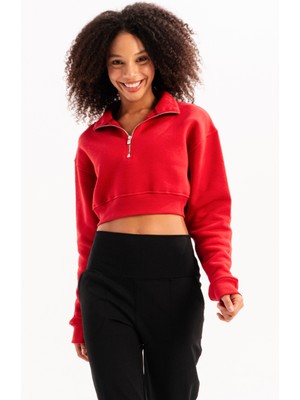 Crop Dik Yaka Yarı Fermuarlı Şardonlu Kadın Sweatshirt Vibe Kırmızı