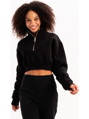 Crop Dik Yaka Yarı Fermuarlı Şardonlu Kadın Sweatshirt Vibe Siyah