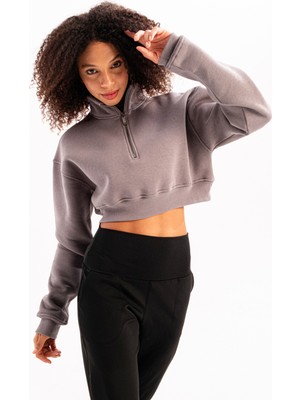 Crop Dik Yaka Yarı Fermuarlı Şardonlu Kadın Sweatshirt Vibe Gri