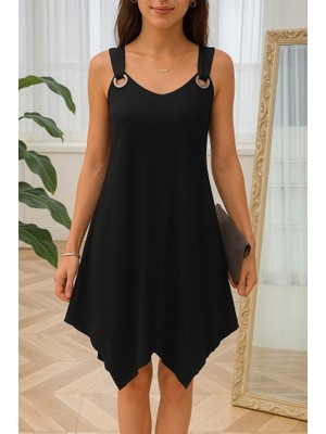 Sosostyle Kadın Askılı Yuvarlak Yaka Kuş Gözü Detaylı Asimetrik Viskon Elbise