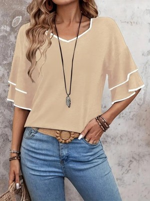 Nidam Butik Kadın Kısa Kollu V Yakalı Viskon Bluz