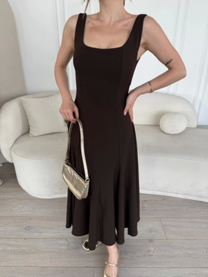 Tua Moda Sırt Dekolteli Kolsuz Uzun Elbise - Kahverengi