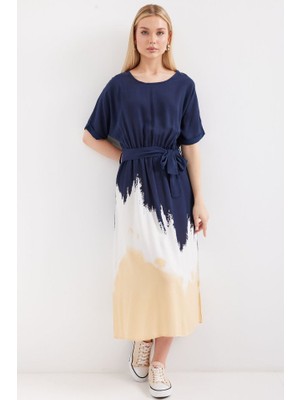 Passense 2504 Desenli Kısa Kol Viskon Elbise - Lacivert