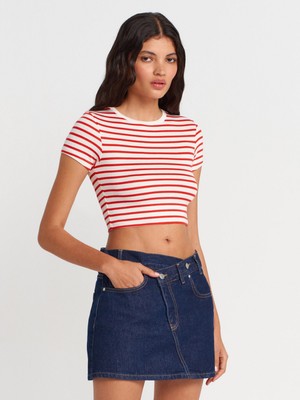 31889 Çizgili Crop Top-E.-Kırmızı