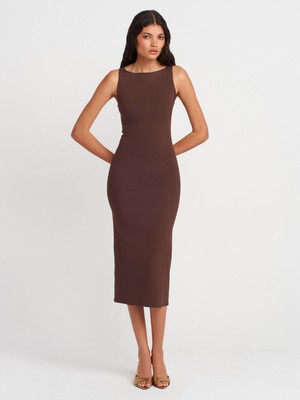 91099 Vücuda Oturan Midi Elbise-Kahve