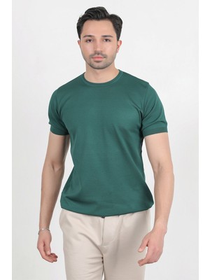 Erkek Bisiklet Yaka Kısa Kol Basic Triko T-Shirt Yeşil - 2501