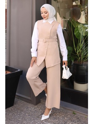 Kemerli Yelek Pantolon Takım Bej 19250