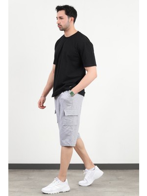 Erkek Beli Lastikli Bağcıklı Kargo Cepli Kapri Gri Melanj - 365