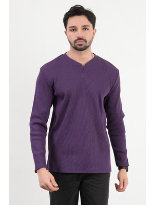 Erkek V Yaka Düğme Detaylı Dokulu Sweatshirt Mor - 5524