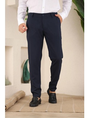 Erkek Lacivert Renk Düz Kesim Kaliteli Esnek Likralı Bilek Boy Kumaş PANTOLON-7102