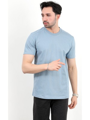 Erkek Bisiklet Yaka %100 Pamuklu Basic T-Shirt Mavi - 2912