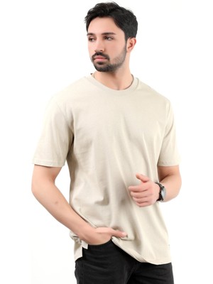 Erkek Bisiklet Yaka Basic Pamuklu T-Shirt Vizon - 25Y 5446