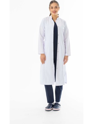 112 Giyim Hakim Yaka Maxi Boy Kadın Doktor Önlüğü Alpaka Kumaş Beyaz (BKO004)