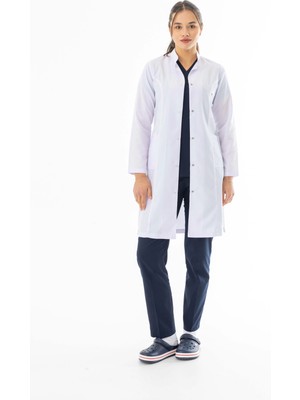 112 Giyim Hakim Yaka Uzun Boy Kadın Doktor Önlüğü Alpaka Kumaş Beyaz (BKO003)