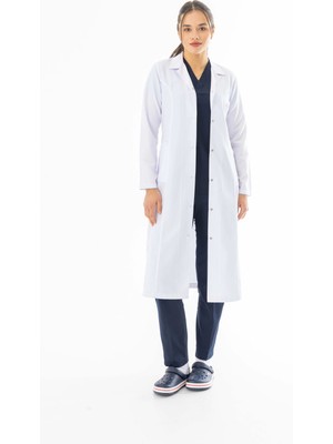 112 Giyim Spor Yaka Maxi Boy Kadın Doktor Önlüğü Alpaka Kumaş Beyaz (BKO008)