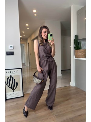 Kahverengi Sıfır Kollu Önü Düğmeli Bol Paça Bluz Pantolon Takım