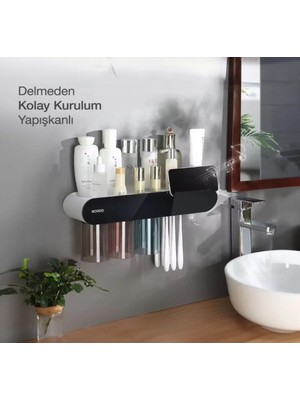 Miecoco Yapışkanlı Manyetik 3'Lü Bardak Tutuculu Diş Macunu Sıkacağı Ve Tutacağı Banyo Düzenleyeci Siyah