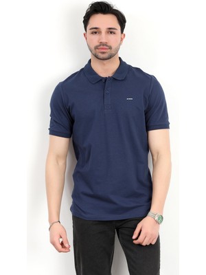 Erkek Polo Yaka Marka Baskılı Pamuklu T-Shirt Lacivert - 25Y 2061