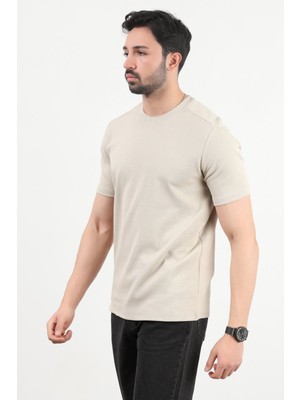 Erkek Bisiklet Yaka Kaşkorse Pamuklu T-Shirt Taş - 25Y 2936