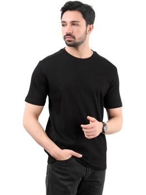 Erkek Bisiklet Yaka Kaşkorse Pamuklu T-Shirt Siyah - 25Y 2936