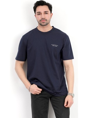 Erkek Bisiklet Yaka No Matter Baskılı %100 Pamuklu T-Shirt Lacivert - 2271-5