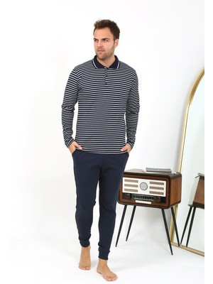 Akbeniz Erkek Polo Yaka Uzun Kol Penye Pijama Takımı Lacivert 6864