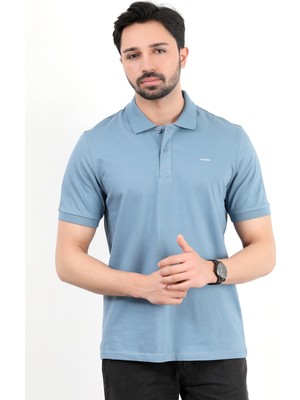 Erkek Polo Yaka Marka Baskılı Pamuklu T-Shirt Açık Mavi - 25Y 2061