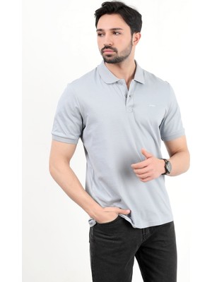 Erkek Polo Yaka Marka Baskılı Pamuklu T-Shirt Açık Gri - 25Y 2061