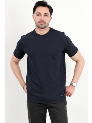 Erkek Bisiklet Yaka Dokulu %100 Pamuklu T-Shirt Lacivert - 25Y 2923