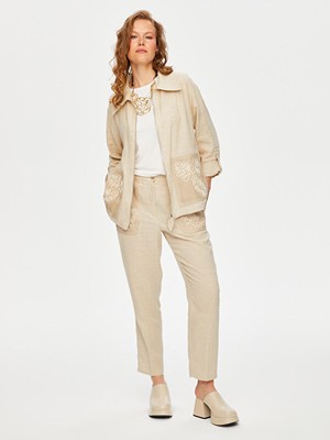 Kordone Nakış Detaylı Fileli Keten Karışımlı Ceket S25CKT031